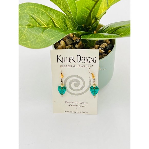Killer Design Drop Green Leaf Glass Bead Earrings | NEW - Picture 1 of 7